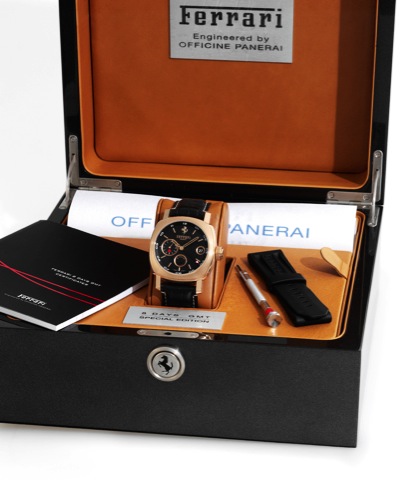 ferrari Granturismo 8 Days GMT FER00007.Ferrari - Engineered by Officine Panerai, Ferrari _ 8 Days.GMT, No. A285/300, case No. BB1214386, Ref. F 6664..Made in a limited edition of 300 pieces in 2006. Sold on.February 13th, 2007..Fine and rare, oversized, 