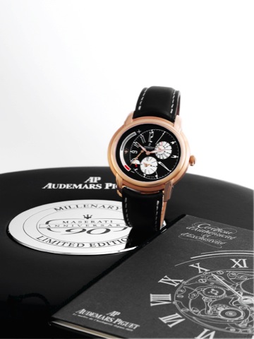 Audemars Piguet Pink Gold Millenary.Maserati Anniversary.Audemars Piguet, Dual Time, Automatic, No. 269/450.movement No. 609183, case No. F 44283-0269.Ref. 26150OR. Made in a limited edition of 450 pieces.in 2004 to commemorate Maserati's 90th anniversary
