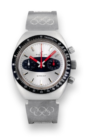 Breitling, Steel Sprint.Breitling, Geneve, Sprint, case No. 1241908, Ref. 2214. Made in 1968..Fine, tonneau, water resistant, antimagnetic, stainless steel wristwatch with round button chronograph, register.tachometer and a stainless steel customized link