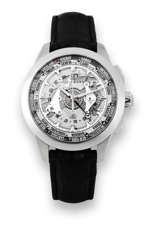 Villemont, Wings Bridges, No. 74/88, case.No. 90221. Made in a limited series of 88 examples.in 2008..Fine, large, water resistant, self-winding, center seconds.stainless steel skeleton wristwatch with world time system.date and a stainless steel Villemon
