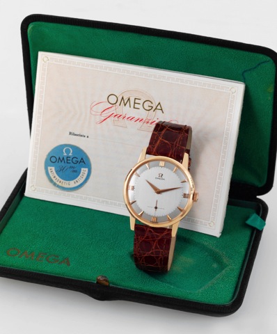 Omega, Pink Gold, Ref. 2894..Omega, movement No. 16176394, case No. 305514.Ref. 2894. Made in 1958..Fine, 18K pink gold wristwatch with a gold-plated Omega.buckle. Accompanied by the original box and guarantee.