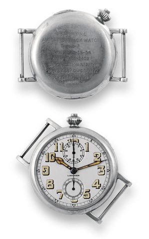Longines Type A-7.U.S. Army Av igation Hack Watch.Longines, Type A-7, movement No. 5298511, case.No. 5288377. Sold to Longines U.S. agent Wittnauer.on September 14, 1935..Very fine and very rare, large, nickel, military wristwatch.with single co-axial but