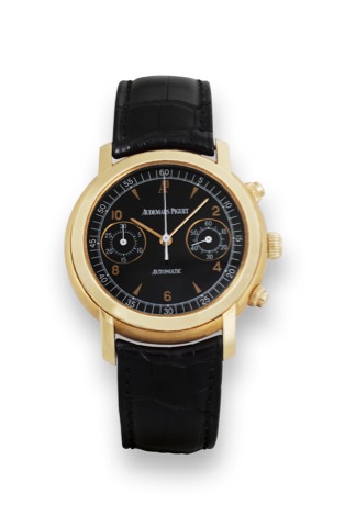 Audemars Piguet Yellow Gold Jules.Audemars Chronograph.Audemars Piguet, Automatic, case No. E16426, Ref. 25859..Made in the 2000s..Very fine, self-winding, water-resistant, 18K yellow gold.wristwatch with round button chronograph, register, and.an 18K yel