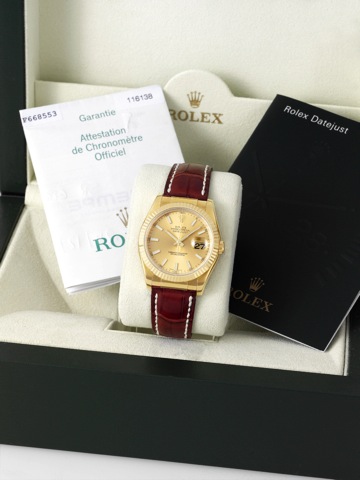 Rolex Ref. 116138, Datejust.Rolex, Oyster Perpetual Datejust, Superlative Chronometer.Officially Certified, case No. F668553, Ref. 116138. Sold on.December 24th, 2004..Fine, center-seconds, self-winding, water-resistant, 18K.yellow gold wristwatch with da