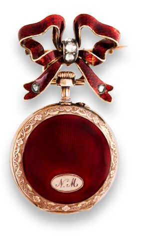 Swiss Red Enamel.Pendant Watch.Swiss, No. 9766, retailed by Gustave.Sandoz, Horloger de la Marine, Palais.Royal 146, 147, 148, Paris. Made circa.1900..Fine, keyless, 18K varicolored gold and.enamel lady's pendant watch with a.gold, enamel and rose-cut dia