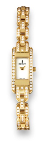 Corum, Joaillerie, case No. 1736155.Ref. 130.351.65. Made circa 2000..Fine and elegant, rectangular curved, water resistant, 18K.yellow gold and diamond lady
