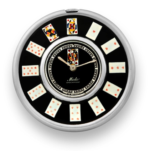 Mido - The Suite of Hearts Montre de Poker.Mido, Swiss. Made circa 1943..Unusual, silver-metal and lacquer, keyless purse watch decorated.with the suite of hearts playing cards..To be sold without reserve