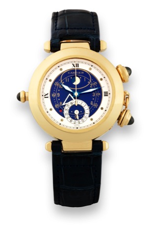Cartier, Pasha Alarm, No. 0094, Ref. 30011..Made circa 1987..Very fine and rare, center-seconds, water-resistant, 18K.yellow quartz wristwatch with date, mechanical alarm and.moon phases and an 18K yellow gold Cartier deployant clasp..Accompanied by Carti