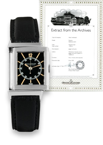 Staybrite Reverso - Center Seconds Black Dial.Jaeger-LeCoultre, Reverso, case No. 40416/25098, Ref. 2201. Made circa 1939..Fine and rare, center-seconds, rectangular, reversible, Staybrite stainless steel wristwatch.