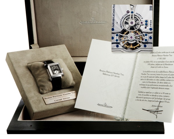 Reverso _ Platinum Tourbillon Number Two.Jaeger-LeCoultre, Reverso - Tourbillon Platinum Number Two, No. 195/500.Ref. 270.6.48. Made in a limited edition of 500 pieces in 2003..Very fine and rare, rectangular and reversible platinum wristwatch with visibl