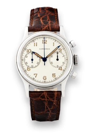 Longines, Cal. 13ZN.Retour en Vol Chronograph..Longines, movement No. 6433779, case No. 21521115.Ref. 4813. Sold on January 22nd, 1943..Fine and rare, water resistant, stainless steel wristwatch with.round button Retour en Vol chronograph and register..Ac