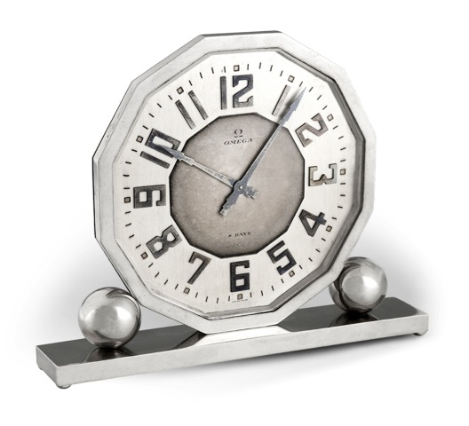 Omega Art Deco Clock.Omega, 8-Days, Swiss, movement No. 6769583, case.No. 7544401, Ref. 38.625. Made circa 1925..Fine and rare, 8-day going, chromed Art Deco desk.clock..To be sold without reserve