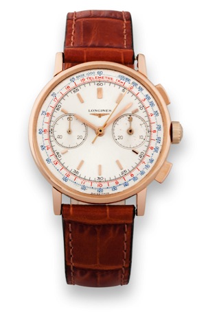 Longines Cal. 30CH Pink Go ld Flyback.Chronograph..Longines, movement No. 13332614, case No.7414684..Made in the 1960's..Fine, 18K pink gold wristwatch with square button flyback.chronograph, register, tachometer and telemeter with a gold.plated Longines 