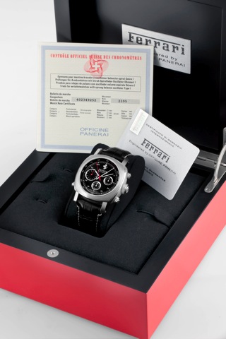 Ferrari _Rattrapante FER00005.Ferrari Engineered by Officine Panerai, Gran Turismo.Rattrappante, No. F A 177/500, case No. BB 1191284.Ref. F 6657. Made in a limited series of 500 examples.sold in December 2006..Fine, cushion-shaped, large, water resistant