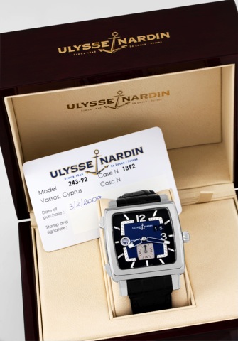 Ulysse Nardin Steel Quadrato Ulysse Nardin, Quadrato GMT, No. 1892, Ref. 243-92..Sold on February 3rd, 2009..Fine, square, curved, self-winding, water-resistant, two.time zone, stainless steel wristwatch with large date, 24.hour indication, independently 