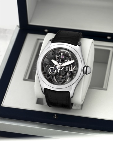 Corum - Bubble - Steel - Skeleton.Corum, Bubble Skeleton, case No. 1707284.Ref. 082.150.20. Made in 2005..Fine and unusual, large and curved, skeletonized, center.seconds, self-winding, water-resistant, stainless steel.wristwatch with a thick domed crysta