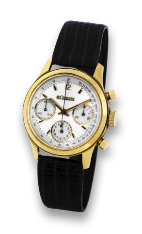 LeCoultre - Yellow Gold - Chronograph.LeCoultre, case No. 275357. Made in 1971..Fine and rare, water-resistant, 18K yellow gold wristwatch.with round button chronograph, registers and tachometer.