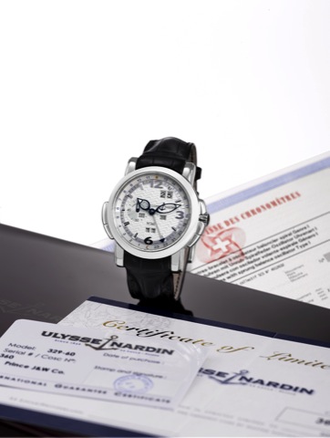 Platinum Perpetual Calendar GMT.Ulysse Nardin, Perpetual Calendar-GMT Chronometer, No. 360/500, Ref. 329-60. Made in a limited edition of 500.pieces in 2000..Very fine, self-winding, water-resistant, two time zone, platinum chronometer wristwatch with per