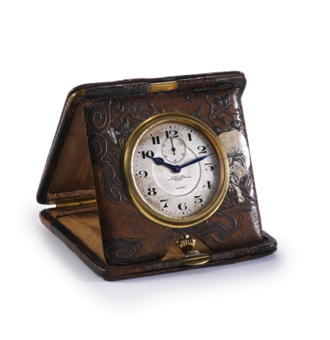 Travel Clock - Japonaise.Gaujal, 166 Faubourg St. Honore, Paris, Just, No. 301005. Made circa 1910..Embossed and painted leather folding travel clock in the Japanese style.