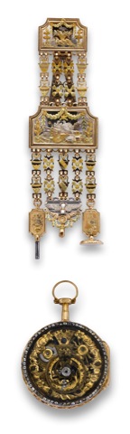 Skeletonized Watch & Chatelaine.French. Made circa 1770..Very fine and very rare, 18K gold, paste-set skeletonized.pendant watch with varicolored 18K gold chatelaine, key and.seal. Accompanied by a box embossed with the initials GB.beneath a Vicomte's cor