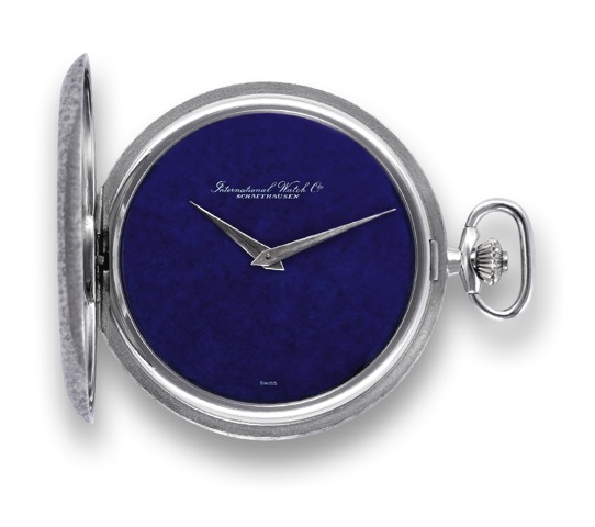 IWC _ White Gold Dress Watch.With Lapis Dial.International Watch Co., Schaffhausen, movement.No. 2077366, case No. 2184954. Made in.the 1980's..Very fine, and rare, 18K white gold hunter-cased.pocket watch with lapis dial. Accompanied by.its original fitt