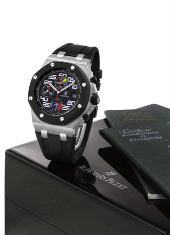 Audemars Piguet _ Rubens Barrichello 1 _ limited edition of 150 pieces.Audemars Piguet, Royal Oak Offshore, Limited Edition, Rubens Barrichello 1, No. 107/150, case No. F 54002, Ref. 26071 IK.Made in a limited edition of 150 examples in 2006..Very fine an