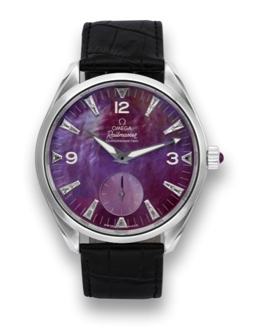 Omega Mother of Pearl and Diamond.Railmaster Acqua Terra XXL..Omega, Railmaster - Chronometer, movement and case.No. 80826156. Made circa 2005..Fine and rare, oversized, water resistant, stainless steel.and diamond wristwatch with a stainless steel Omega.