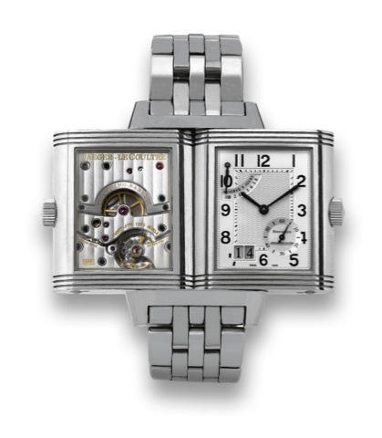 JAEGER LECOULTRE.STEEL REVERSO _ 8 DAY _ GRAND DATE.Jaeger-LeCoultre, Reverso, Grande Date, case.No. 2197445, Ref. 240.8.15. Made in 2004..Fine, rectangular and reversible, stainless steel wristwatch.with large date, double spring barrels with 8-day power