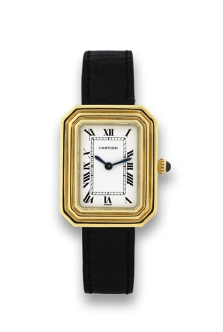 CARTIER GALBE.Cartier Paris, Square, case No. 780951049, Ref. 60010..Made in the 1980's..Fine, rectangular galb_, 18K yellow gold wristwatch with a.yellow gold-plated Cartier buckle. Accompanied by a fitted.box and felt pouch.