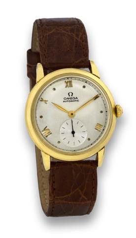 OMEGA - YELLOW GOLD - AUTOMATIC.Omega, Automatic, No. 9831953, Ref. G 6525. Made.circa 1954..Fine, center seconds, self-winding, water-resistant, 14K yellow.gold wristwatch..To be sold without reserve