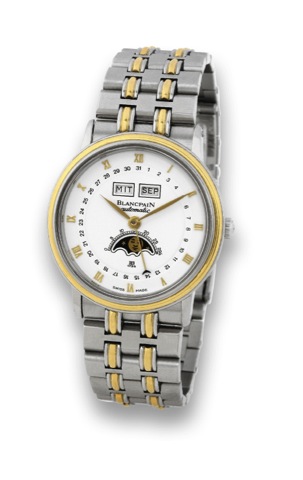 BLANCPAIN - STEEL & GOLD - AUTOMATIC.Blancpain Automatic JB 1735, No. 4309. Made in the.1990's..Fine, astronomic, self-winding, water-resistant, stainless.steel and 18K yellow gold wristwatch with triple date, moon.phases and a stainless steel and 18K yel