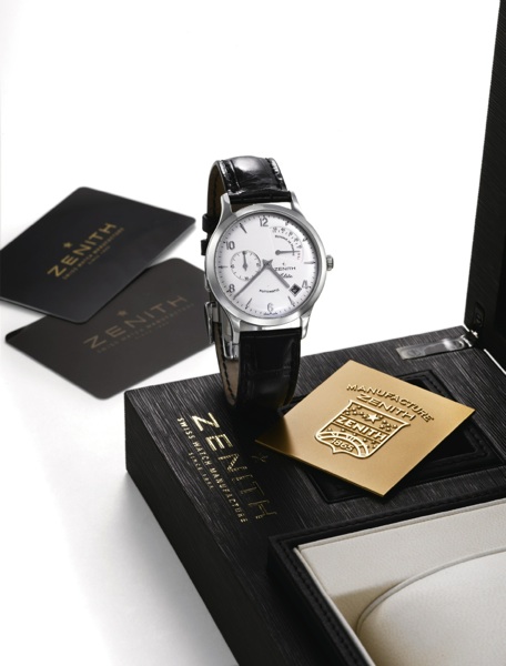 ZENITH STEEL ELITE.Zenith, Elite Reserve de Marche, Ref. 03 1125 685. Sold on.May 27, 2007..Fine, water-resistant, stainless steel wristwatch with 50-hour.power reserve indication, date and a Zenith stainless double.deployante clasp. Accompanied by fitted