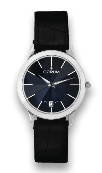 CORUM FACETED CRYSTAL.Corum, case No. 610617, Ref. 43.147.59. Made.circa 2000..Fine, water resistant, 18K white gold wristwatch with date.and an 18K white gold Corum buckle.