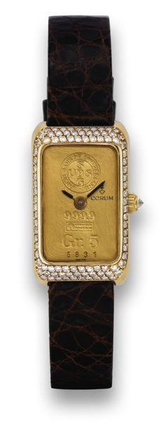CORUM GR.5 GOLD INGOT.Corum, Ingot Watch, No. 5831, Ref. 14300, case No. 337506..Made circa 1980..Fine, rectangular 18K yellow gold and diamond lady