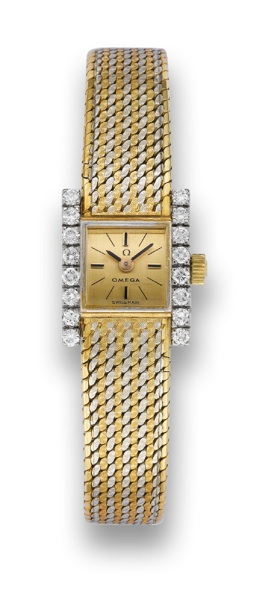 OMEGA, REF. 8054 GOLD & DIAMOND.Omega, movement No. 19897404, case No. 590066, Ref. 8054. Made circa 1965..Fine and elegant, square, 18K yellow, white gold and diamond lady