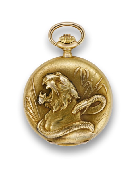 EL URUGUAYO THE SNAKE AND TIGER.Swiss, made for the South American market. No. 22022..Made circa 1910..Fine and unusual 18k yellow gold hunting cased pocket watch.featuring a snake and tiger on the cover.
