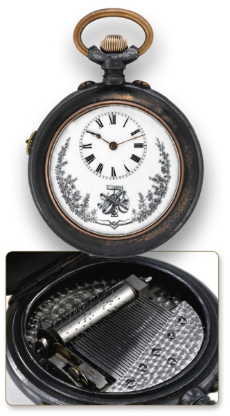 MONNIER, TWO DIFFERENT TUNES MUSICAL WATCH.Monnier, Bienne, Swiss, No. 60080, made circa 1900..Rare, large gun metal, keyless musical watch, playing on.request or automatically on the hour, with painted enamel.dial.