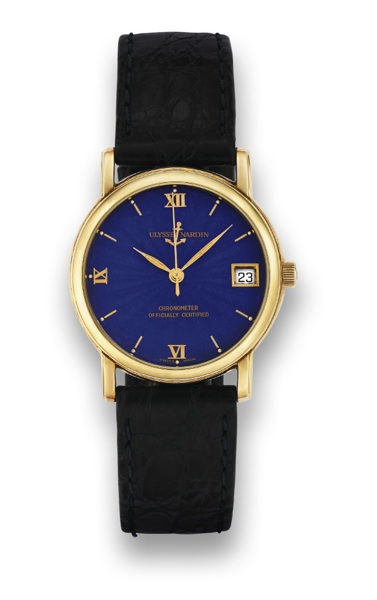 ULYSSE NARDIN YELLOW GOLD SAN MARCO.Ulysse Nardin, San Marco, Chronometer Officially Certified.case No. 5895, Ref. 131-88-9. Made in the 1990's..Fine, center-seconds, self-winding, water-resistant, 18K yellow.gold wristwatch with date and an 18K yellow go