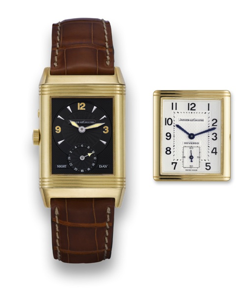 JAEGER LECOULTRE NIGHT/DAY YELLOW GOLD.Jaeger-LeCoultre, Reverso Duo Face, Night and Day, case.No. 1852077, Ref. 270.1.54. Made circa 1998..Very fine, rectangular, two time zone, day/night indication.double-face, 18K yellow gold wristwatch and an 18K yell