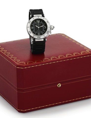 CARTIER, REF. 2970, PASHA SEATIMER.Cartier, Pasha Seatimer Automatic, case No. 567829LX.Ref. 2970. Sold on December, 2005..Fine, self-winding, water-resistant, large, stainless steel.wristwatch with date and a rubber Cartier link bracelet.with concealed d