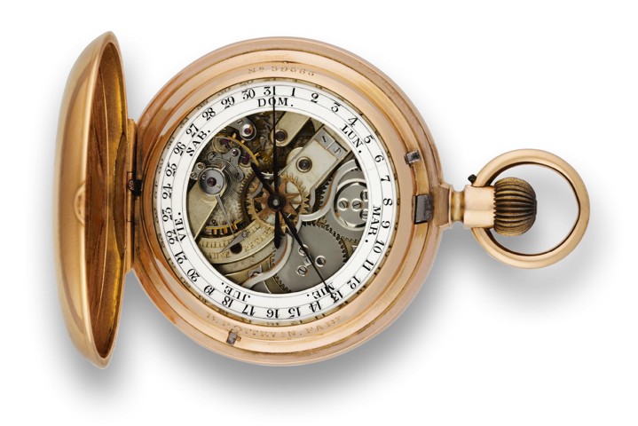 POITEVIN DOUBLE-DIALED CALENDAR WATCH.WITH GRAVITATIONAL COVER LOCKING.B. Poitevin, (Paris), No. 39663. Made circa 1890..Very fine and rare, large, 18K pink gold hunting-cased.double-dialed pocket watch with calendar, gravitational cover.locking and speci
