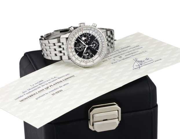 BREITLING MONTBRILLANT PERPETUAL.CHRONOGRAPHE, PLATINUM.Breitling Montbrillant Perpetual, No. 20/25. Produced in a.limited edition of 25 examples circa 1998..Very fine and rare, self-winding, water-resistant, platinum.astronomic wristwatch with moon phase