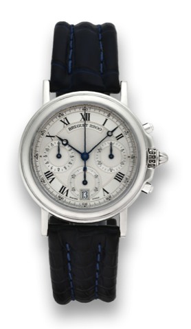 REGUET, MARINE CHRONOGRAPH, PLATINUM.Breguet, Horloger de la Marine, No. 2220D. Made in the 1990s..Very fine, self-winding, water resistant, platinum wristwatch with round button chronograph, registers, date and a.platinum Breguet deployant clasp.