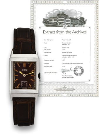 LECOULTRE, CHOCOLATE DIAL REVERSO.LeCoultre, Reverso, case No. 10745. Made in 1933..Fine and rare, rectangular, stainless steel reversible.wristwatch. Accompanied by an extract from the Archives.