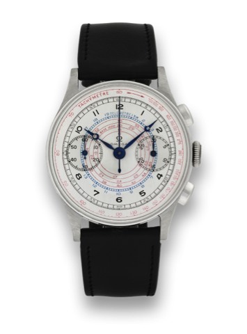 OMEGA CHRONOGRAPH.Omega, Chronograph, movement No. 9380864, case.No. 9977088. Made in the 1940's..Very fine and rare, Staybrite stainless steel wristwatch with.olive shaped chronograph, register, telemeter, tachometer.with a stainless steel Omega buckle. 