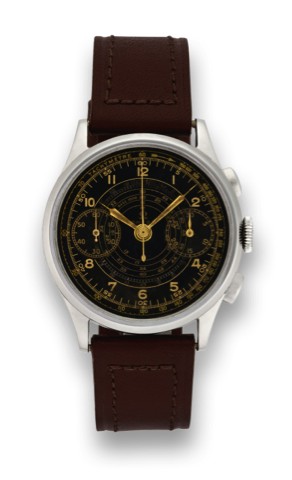 OMEGA CHRONOGRAPH.Omega, Chronograph, movement No. 9380619, case.No. 9979909. Made in the 1940's..Very fine and rare, Staybritestainless steel wristwatch with.olive shaped chronograph, register, telemeter, pulsometer.and tachometer.