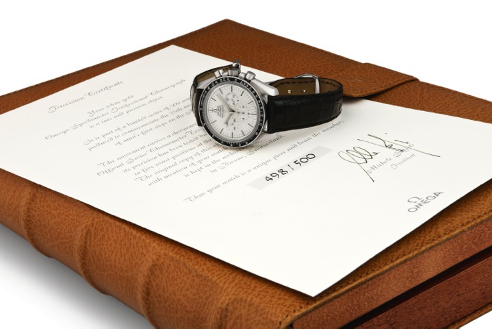 OMEGA REF. BC 348.0062, 25TH ANNIVERSARY APOLLO XI WHITE GOLD.Omega, Speedmaster Professional, Chronometer, No. 498/500, movement No. 48311408, Ref. BC 348.0062. Made in a limited.edition of 500 examples in 1994..Very fine and rare, asymmetric, 18K white 