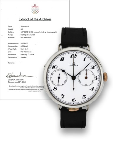 OMEGA, REF. 641, LARGE AVIATOR'S SINGLE.BUTTON CHRONOGRAPH.Omega, case No. 6004441, No. 4679637, Ref. Kai 741AI. Sold.on February 7th, 1918 to Sweden..Fine and extremely rare, large, sterling silver wristwatch with.single button chronograph. Accompanied b