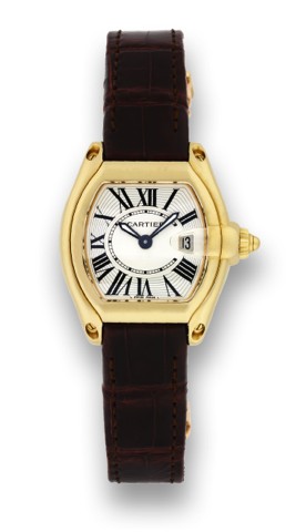 CARTIER REF. 2676 ROADSTER.YELLOW GOLD.Cartier, Roadster, case No. 60173CE.Ref. 2676. Made in the 2000's..Fine, tonneau-shaped, curved, centerseconds.water-resistant, 18K yellow gold.mid_size quartz wristwatch with date and.an 18K yellow gold Cartier depl