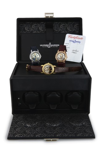 ULYSSE NARDIN ASTROLABIUM GALILEO GALILEI SET NO. 001.Very fine and unique set of three Ulysse Nardin Astrolabium Galileo Galilei. Made in the 1990s..Accompanied by fitted leather winding box, Certificate, instruction booklet and tools..A. Ulysse Nardin, 